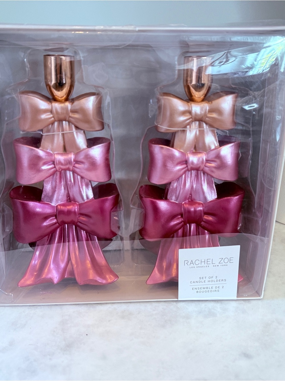 Rachel Zoe Metallic Pink & Rose Gold Bow Candle Holders - Set of 2